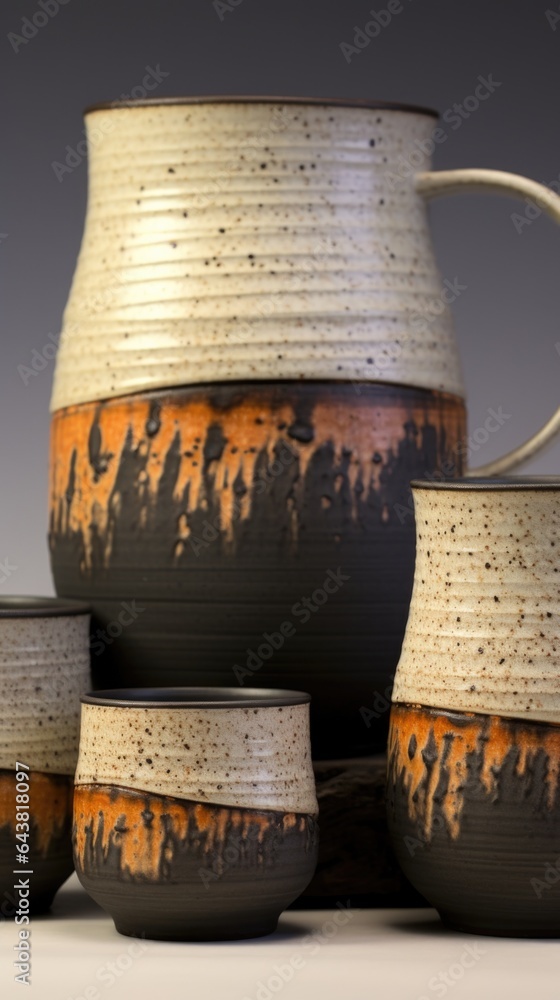 Poster a close up of a group of vases on a table. generative ai image.