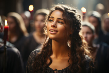 Sacred Gatherings. Worshipers praying in a beautifully adorned temple, embodying the culture of faith. Generative Ai.