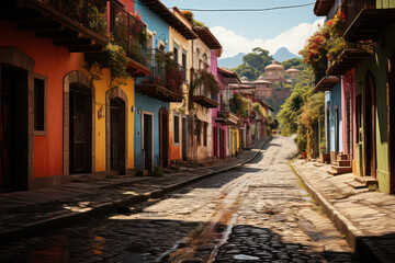 Obraz premium Colonial Charm. Picturesque cobblestone streets and colorful buildings define the character of My Latin America. Generative Ai.