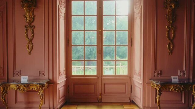 Beautiful hall in victorian style in Benrath castle, pink walls and big door with window, view on the garden. 