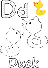 Coloring pages of duck and the letter D. Suitable for use in children's coloring books