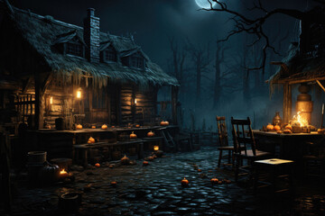 Halloween spooky background, scary pumpkins with smoke in old big creepy Happy Haloween ghosts horror house inside big empty foggy room. Creepy october dark smoky mysterious night backdrop concept.