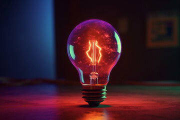Glowing neon light bulb on dark color background 