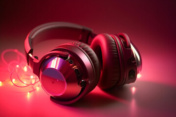 Fototapeta na wymiar Wireless headphones on neon red background. Music concept
