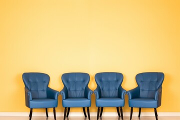 A row of blue armchairs on a yellow background with copy space. Generative AI