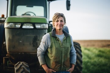 Smiling portrait of a middle aged female farmer working and living on a farm with a tractor in the background - obrazy, fototapety, plakaty