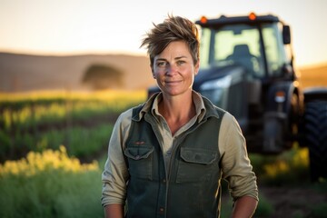Smiling portrait of a middle aged female farmer working and living on a farm with a tractor in the...