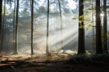 A sunrise in a misty forest area.