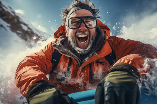 A person captures the excitement of tubing down a snowy hill, experiencing the thrill of speed and laughter during a winter adventure. Generative Ai.