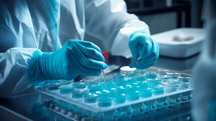 Hand wearing sanitary gloves meticulously checking medical vials. Medical diagnosis concept, 