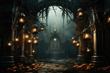 Obraz premium Halloween spooky background, scary pumpkins in old big creepy Happy Haloween ghosts horror house evil haunted castle scene. Creepy dark gothic mysterious night dark backdrop concept.