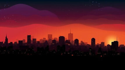 A detailed city skyline at sunset or nighttime
