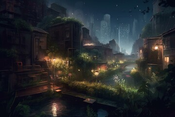 A tranquil nocturnal cityscape surrounded by flourishing greenery and luminous lights. Generative AI