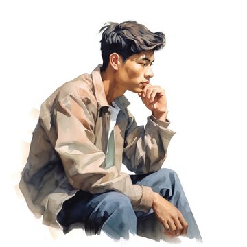 Asian young man in thinking and doubts illustration. Male hipster character with dreamy face on abstract background. Ai generated bright drawn colorful poster.