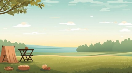 A peaceful countryside setting with a picnic scene
