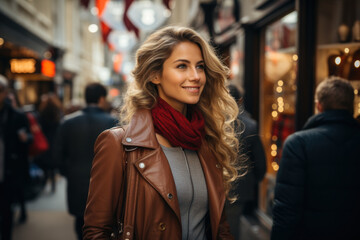 Fototapeta premium High Street Fashion. People shopping and exploring boutiques in a trendy shopping district, showcasing contemporary fashion choices. Generative Ai.