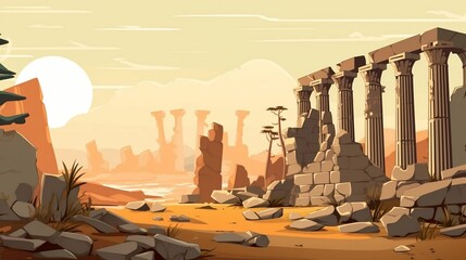 A scene featuring ancient ruins, columns, and archaeologists