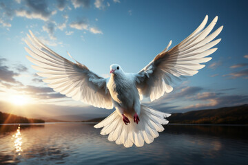 White Dove of Peace. Close-up of a white dove in flight, representing the universal symbol of peace. Generative Ai.