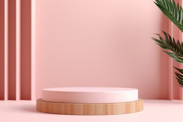 Cosmetic Product Showcase: Cylinder Wood Podium on Pink
