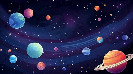 An illustration of outer space with planets, stars, and a spaceship