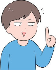 人差し指を立てて笑顔で話す私服の若い男性(上半身)