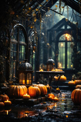 Obraz premium Happy Halloween background spooky scene, creepy dark night with jack o lantern pumpkins spooky ghosts horror gothic evil mysterious night haunted haloween house backdrop.
