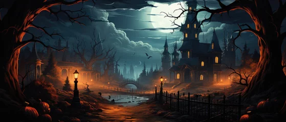  Happy Halloween background spooky scene, creepy dark night with moon, pumpkins and spooky trees on graveyard ghosts horror gothic evil cemetery landscape. Mysterious night moonlight backdrop. © Synthetica