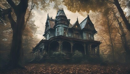 halloween background, digital illustration of victorian haunted house with candlelight in the window in a dense spooky forest