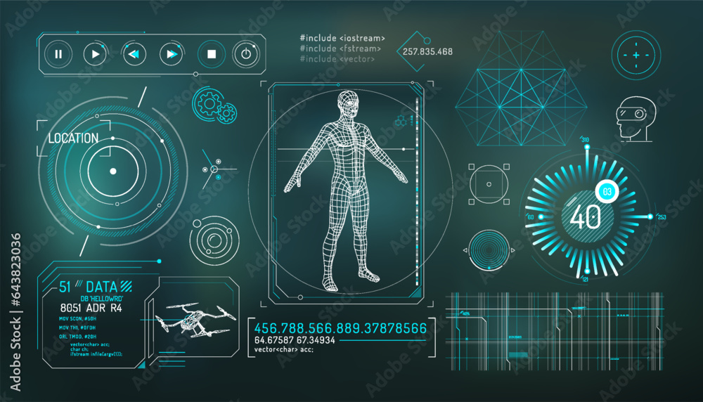Poster set of infographic elements about drone control and augmented reality.