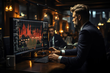 Diverse traders collaborate in a modern trading room, sharing insights and expertise to navigate market volatility. Concept of Collaborative Trading. Generative Ai.