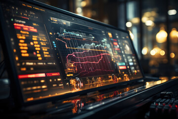 Illuminated stock market tickers display constantly changing prices, capturing the dynamic nature of stock trading. Concept of Market Flux. Generative Ai.