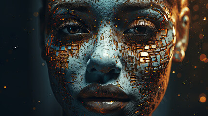 Woman face textured with colored tiles like a mayan colors mozaic - gold and blue