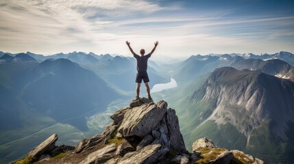 Man stretching arms on mountain