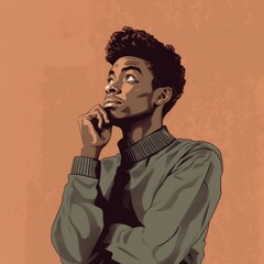 Black young man in thinking and doubts illustration. Male hipster character with dreamy face on abstract background. Ai generated bright drawn colorful poster.