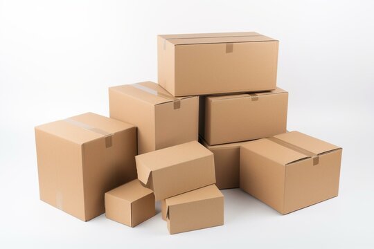 assorted beige cardboard boxes stacked on a white background. Generative AI