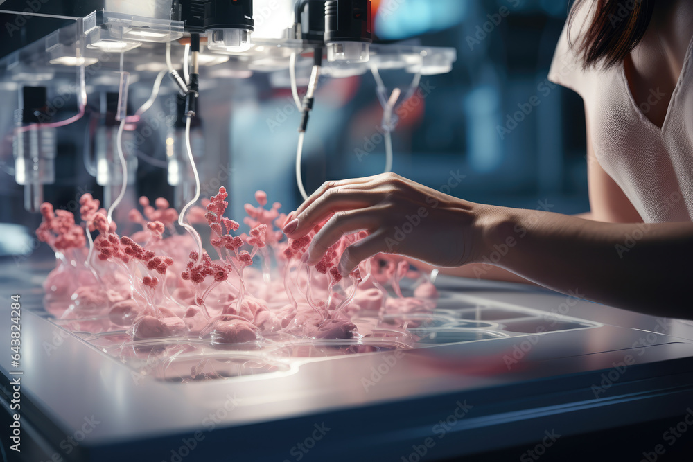 Poster a close-up of a person's hand adjusting settings on a 3d bioprinter to create tissue constructs. gen