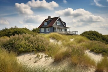 Fototapeta na wymiar Quaint coastal cottage amid dunes in Ahrenshoop, on the Darss Peninsula, Germany. Generative AI