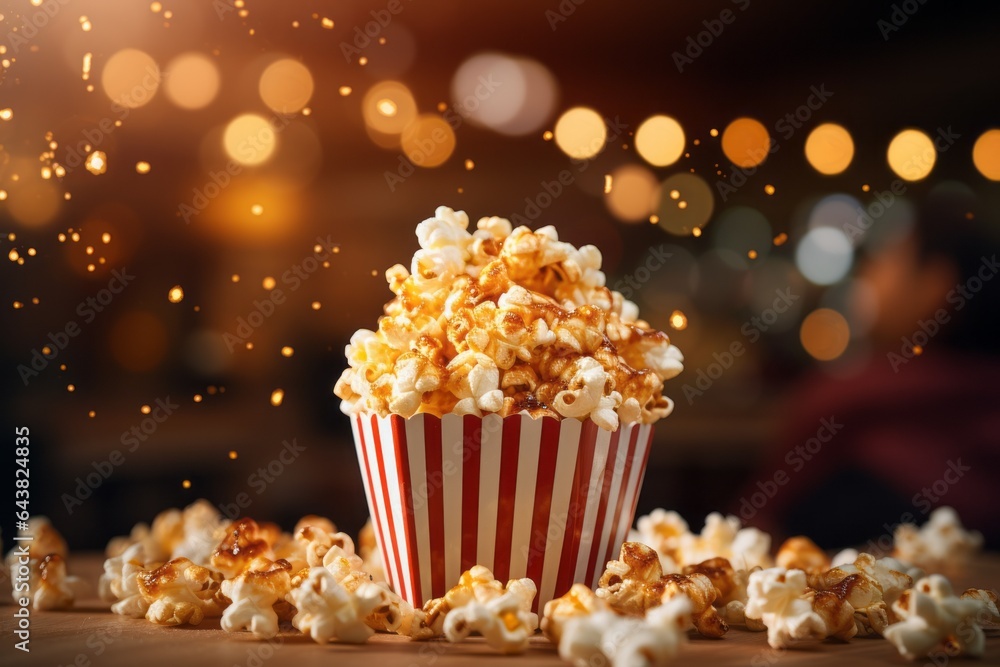 Poster appetizing popcorn. background with selective focus and copy space