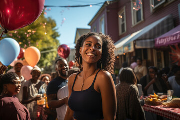 Residents participating in a community block party, fostering social connections in urban neighborhoods. Generative Ai.