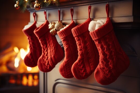 Socks for gifts in a festive interior. Merry christmas and happy new year concept