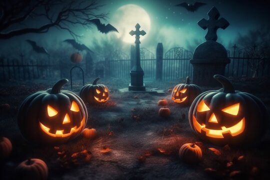 Pumpkins in the cemetery. Halloween concept. Background with selective focus and copy space