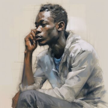 Black young man in thinking and doubts illustration. Male hipster character with dreamy face on abstract background. Ai generated soft colored drawn poster.