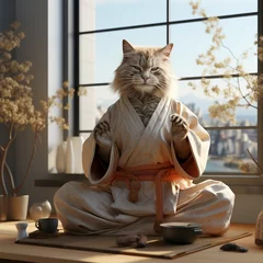 Foto op Aluminium a cat sits in front of a window doing martial arts, in the style of vray tracing, orange © SayedAhammed