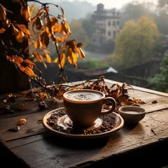 Fototapeten a cup of coffee sitting on the window sill in the autumn © SayedAhammed