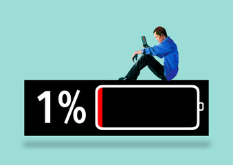 A man stares at his cell phone as he sits on a battery indicator that says his power is down to one-percent. This is a 3-d illustration about mobile phones. - obrazy, fototapety, plakaty
