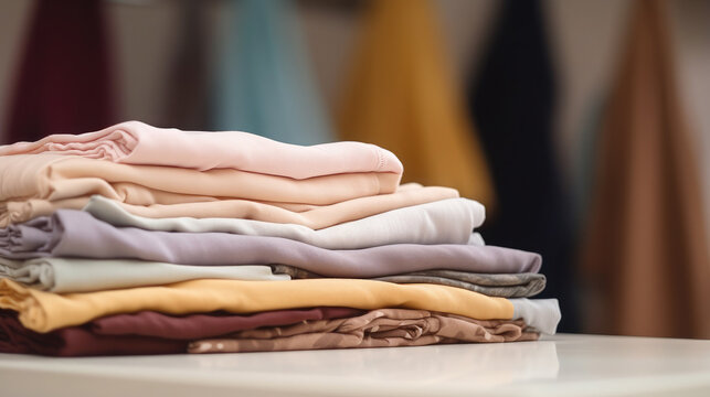 Generative AI, stacks of multi-colored cotton fabric, clean clothes after dry cleaning, tailor workshop, shirt shop, silk material, linen clothes, natural colors, soft textile, space for text