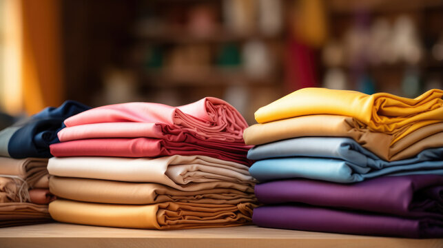 Generative AI, stacks of multi-colored cotton fabric, clean clothes after dry cleaning, tailor workshop, shirt shop, silk material, linen clothes, natural colors, soft textile, space for text