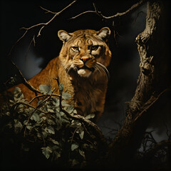 sabertooth cat in a tree, stalking a hunter, nighttime, overcast