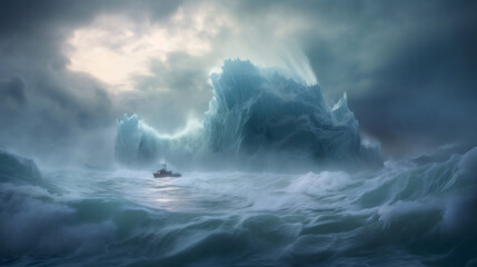 A lost ship sailing in the storm on a rough sea, about to collide with a gigantic iceberg. A clearing could prevent it from sinking - Conceptual illustration about hope in the trials of life