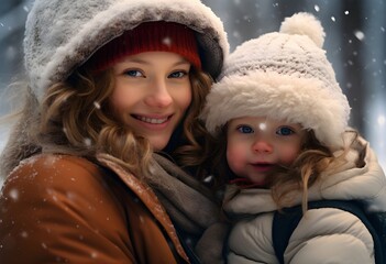 Obraz premium happy mother with daughter hugging and laughing, snow winter, family and love concept